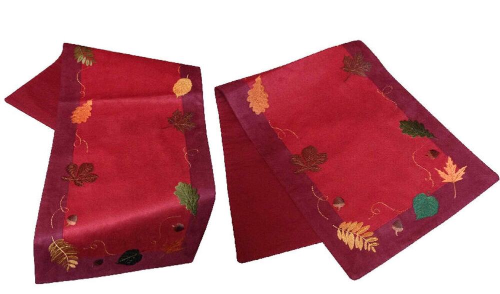 Autumn Harvest Kohls Table Runner Set of 2 Microsuede Embroidered Leaves Fall